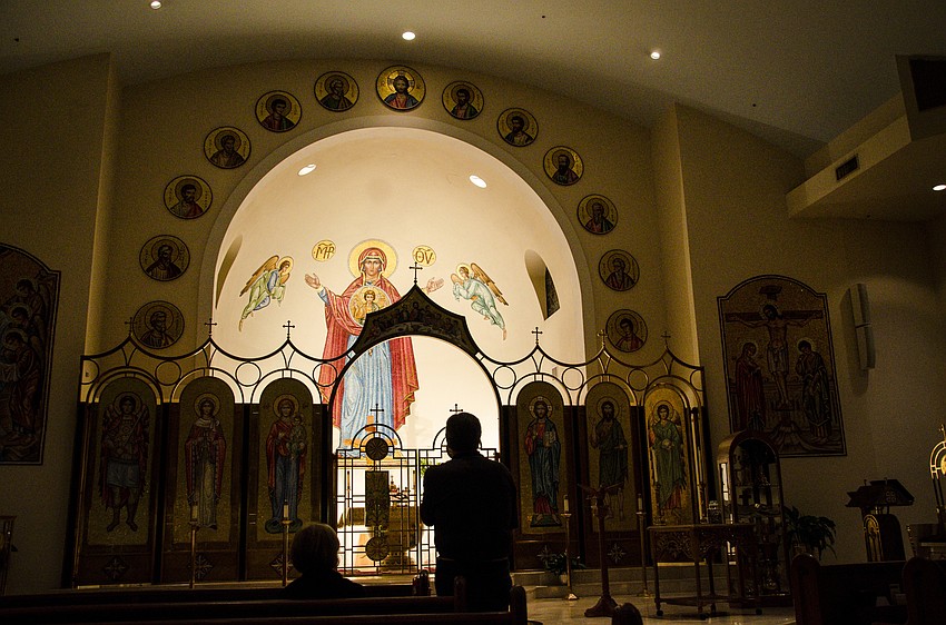 Rob and Mary Bard of Lakewood Ranch take a moment to admire the detailed icons inside St. Barbara.