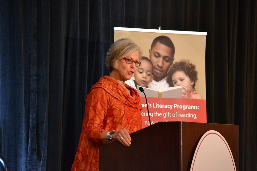 Community Foundation President and CEO Roxie Jerde addresses guests at the 4th annual Author Luncheon hosted by the Library Foundation for Sarasota County.