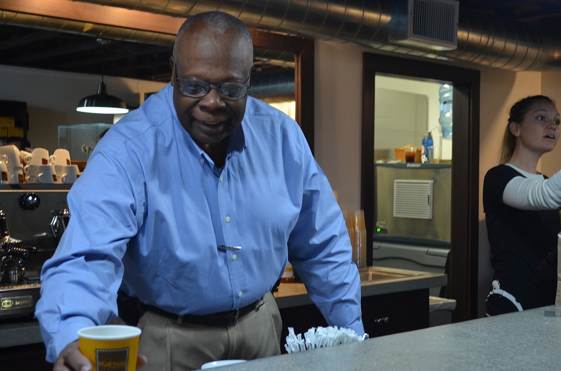 Mayor Willie Shaw welcomed Kahwa Coffee to downtown Sarasota with free coffee â€” and service with a smile.