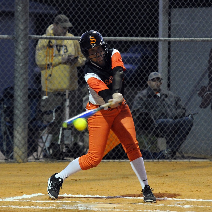 Sarasota third baseman SarahBeth Wengerd makes contact in the first inning.