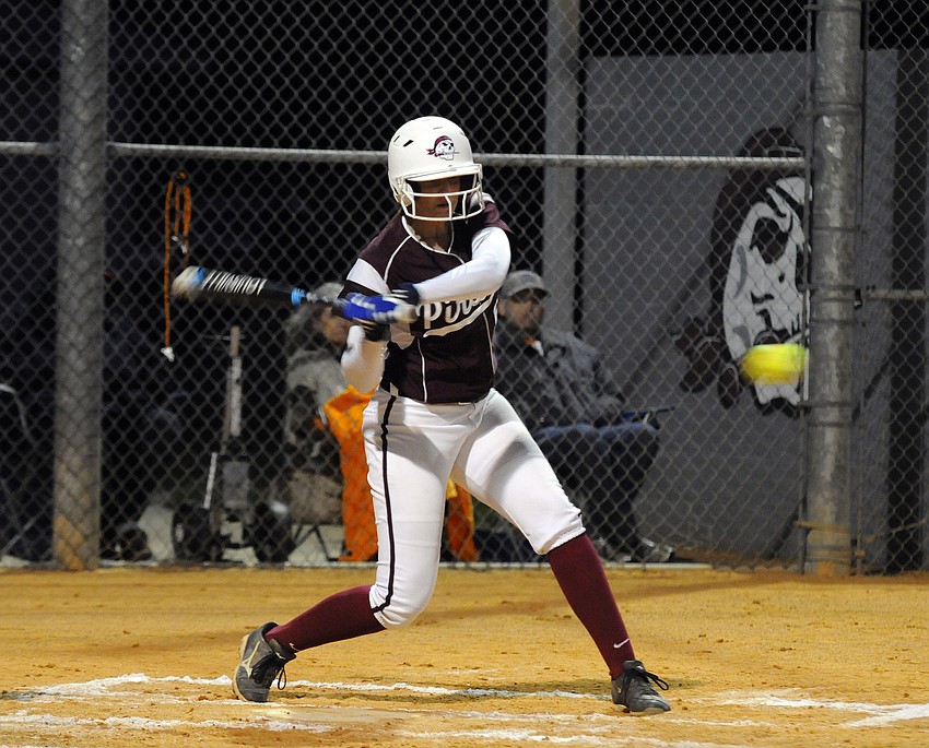 Braden River third baseman Casey Farrow looks to make contact in her first at bat.