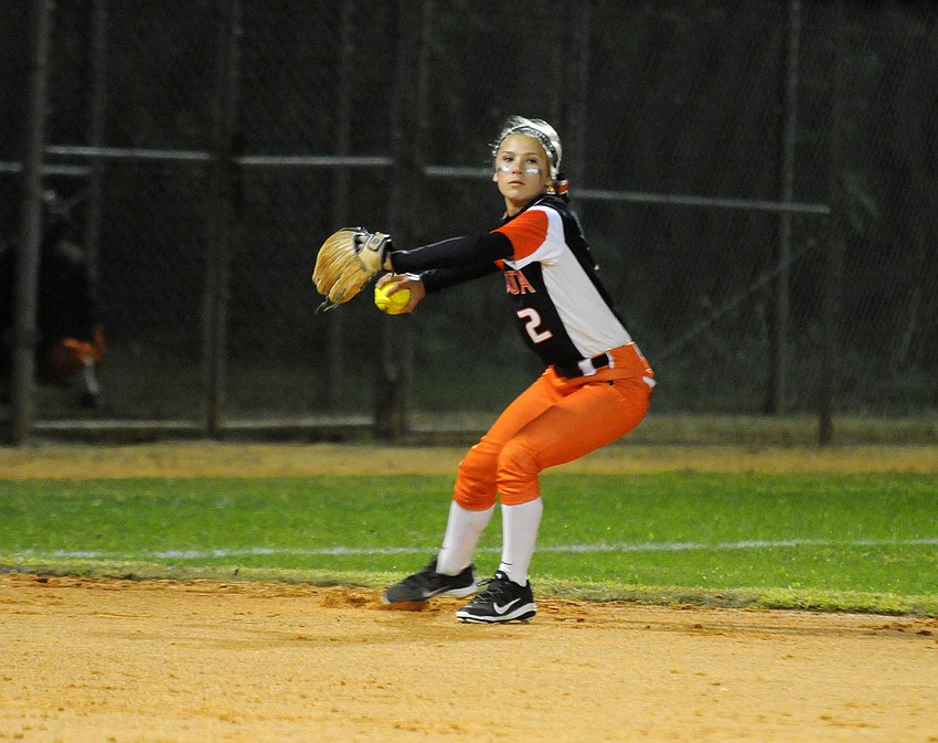 Sarasota shortstop Lexi Johns throws the ball back to first base.