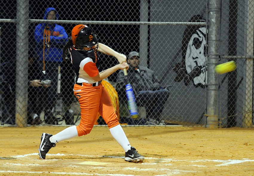 Sarasota second baseman Hannah Roberson makes contact in the second inning.