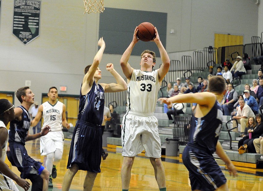 Lakewood Ranch junior forward Justin Muscara attempts a shot.