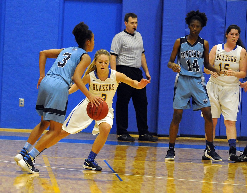 Sarasota Christian senior Nicole Miller defends the perimeter in the second quarter.