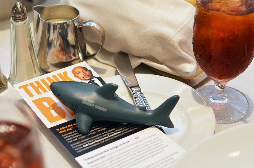 Stress sharks were part of the decor at the 2016 Better Together Luncheon. Daymond John, co-star of Shark Tank, was the speaker at the event.
