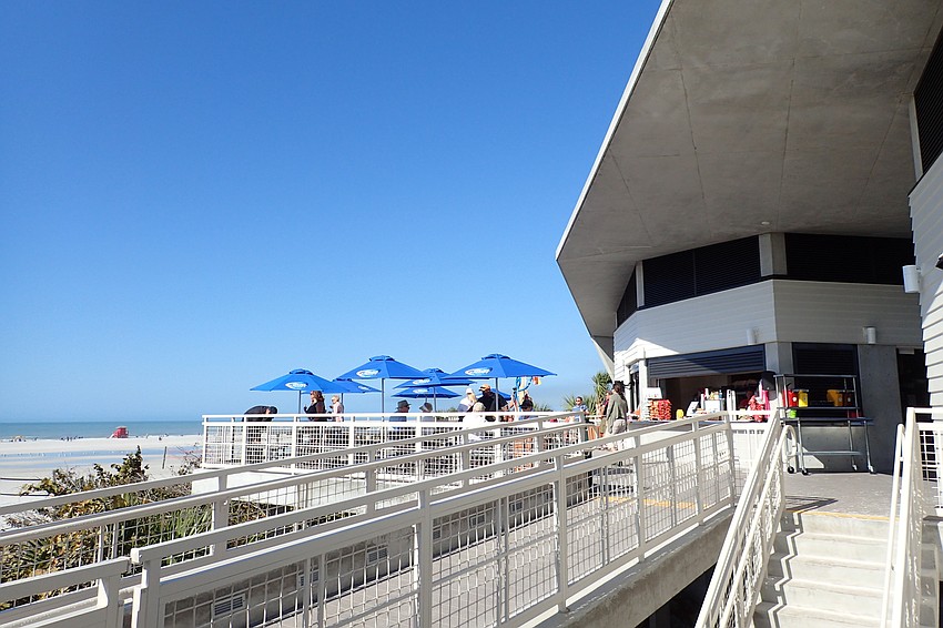 The new concession and restrooms facility, with a 20-foot-high deck looking out over the beach.