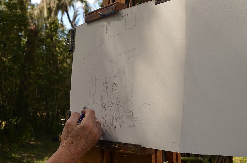 Fran Mangino sketches out the Guptill House.