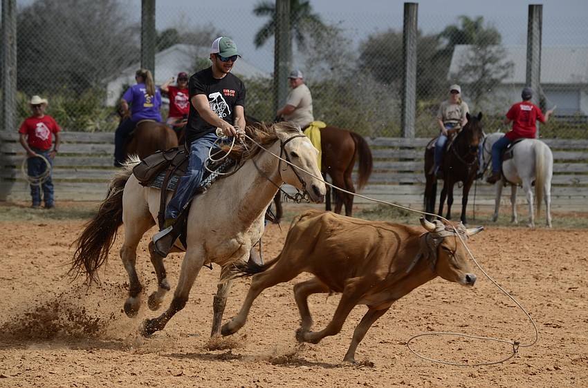 Wyatt Broxson on the Freddy's Steakburgers team aims for a steer.
