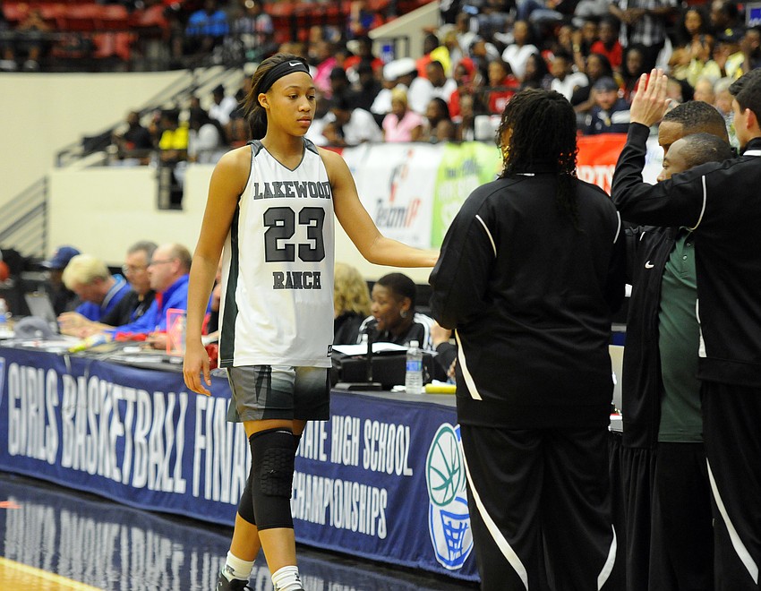 Lakewood Ranch junior LaDazhia Williams walks off the court after fouling out in the fourth quarter.