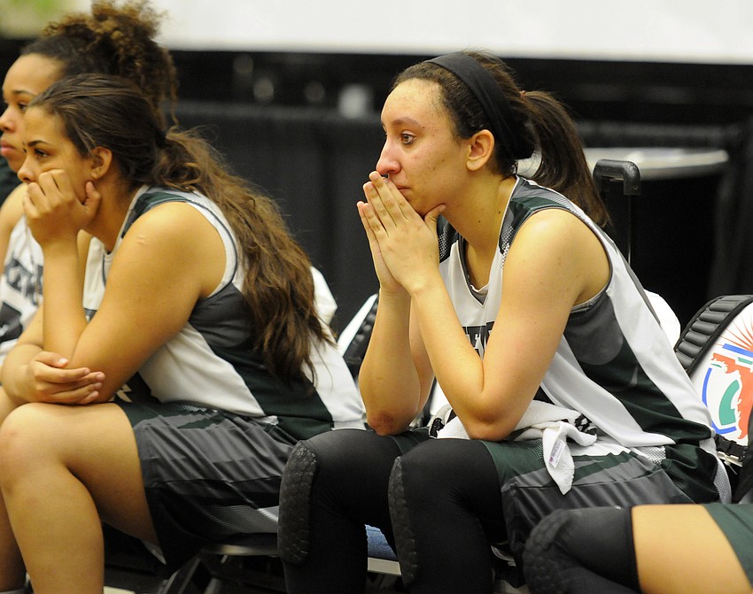 Lakewood Ranch senior guard Elise Spiller looks on from the bench after fouling out late in the fourth quarter.