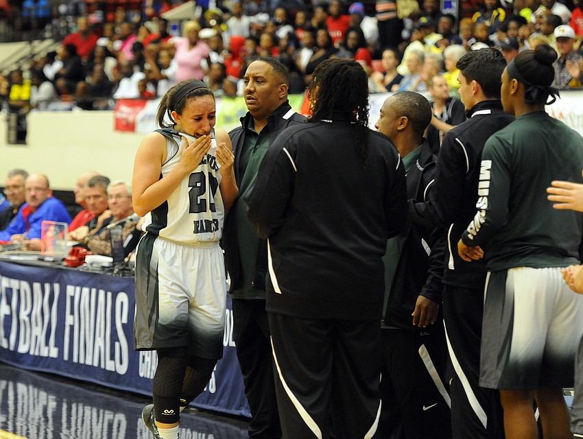 Lakewood Ranch senior Elise Spiller reacts after fouling out late in the fourth quarter of the Mustangs loss to Winter Haven.