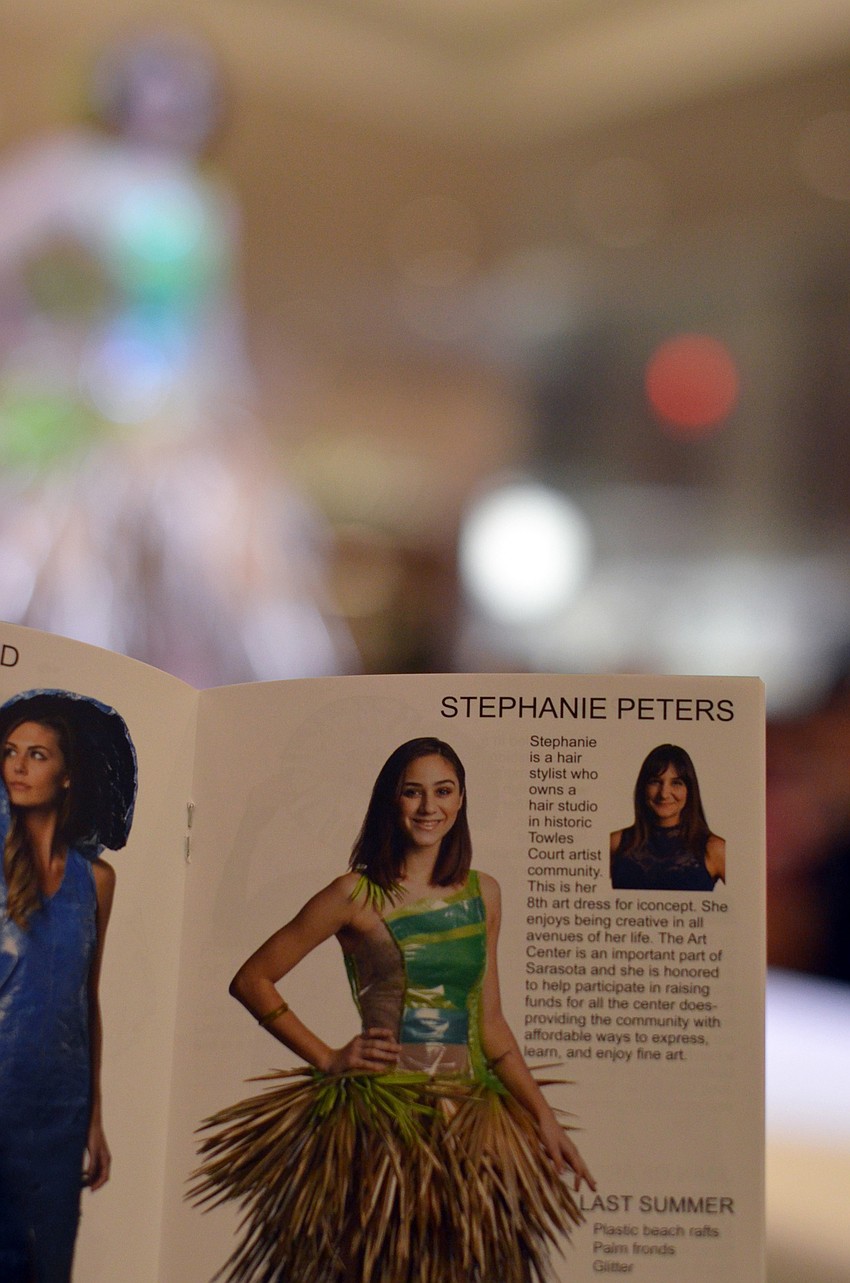 Raven Peters models Stephanie Peters's 'Last Summer' — made from plastic beach rafts, palm fronts and glitter