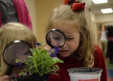 Audrey and Samantha Haney examine a plant.