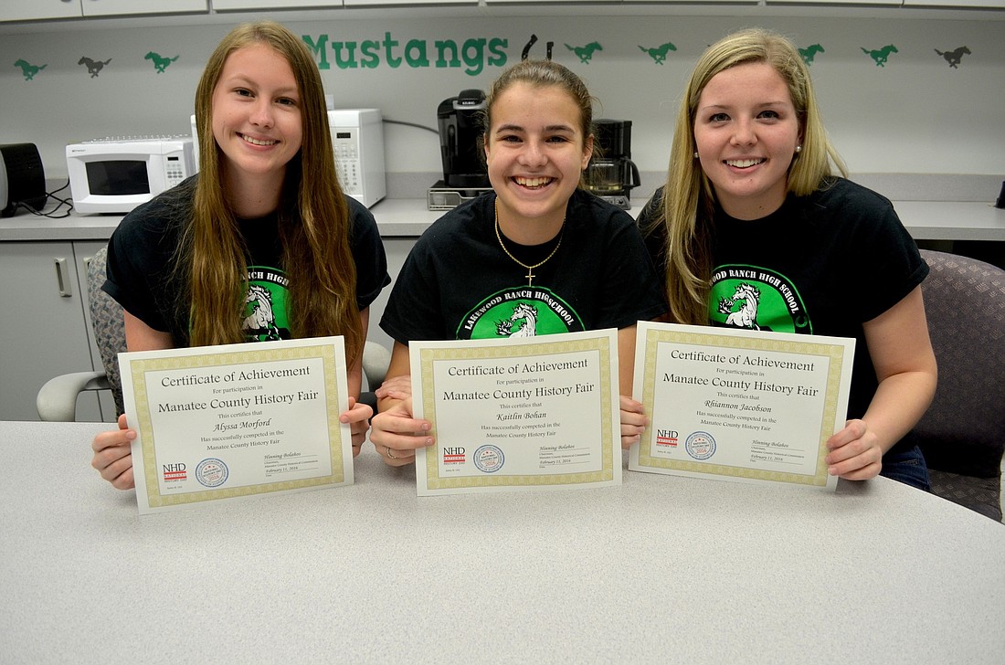 Alyssa Moreford, Kaitlin Bohan and Rhiannon Jacobsen won first-place at the Manatee County History Fair Feb. 11.