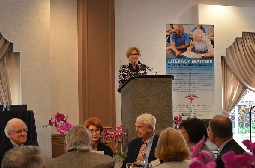 Literacy Council of Sarasota Board President Carol Darling addresses guests during the 9th annual Literacy Matters Luncheon.