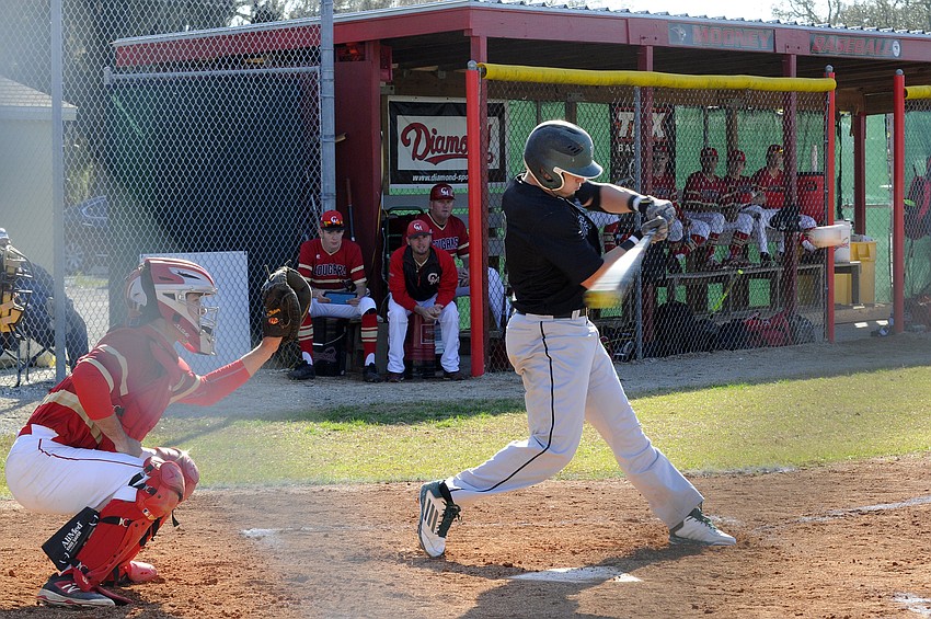Lakewood Ranch senior Justin Fischer fouls off a pitch in the first inning.