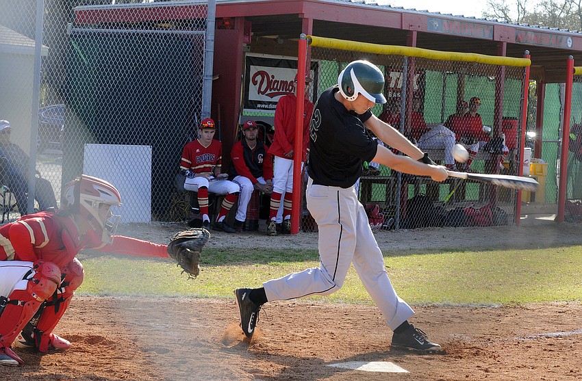 Lakewood Ranch pitcher Matt Ambrosino makes contact in the second inning.