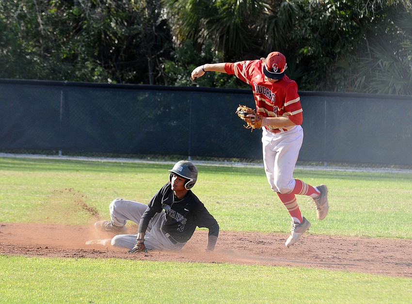 Lakewood Ranch sophomore Pablo Garabitos slides into second base.