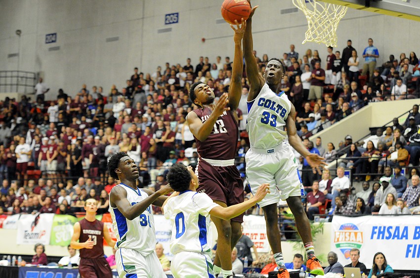 Riverview junior Brion Whitley goes up for a shot in the first half of the Class 8A state championship versus Coral Springs Feb. 27.