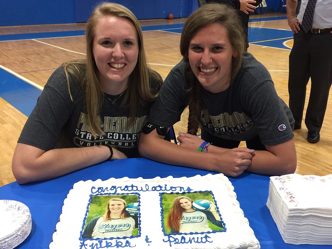 Sarasota Christian seniors Anikka Jensen and Cheyenne Miller both signed scholarships Feb. 24 to play volleyball for Pasco-Hernando State College. (courtesy photo)