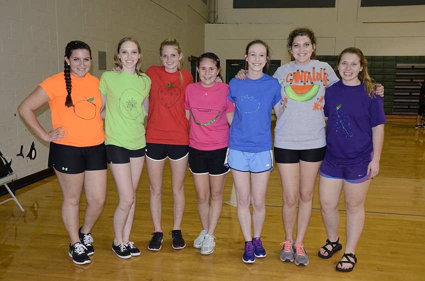 Zoe Soler, Breanna Thomas, Hannah Reynolds, Rachel Towe, Alyssa Barnsley, Savannah Carpenter and Bailey Melichar with the Fruit Ninjas team