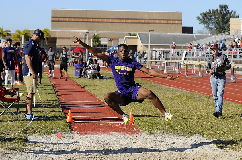 Booker's Spencer Carter competes in the long jump during the Booker Invitational March 4.