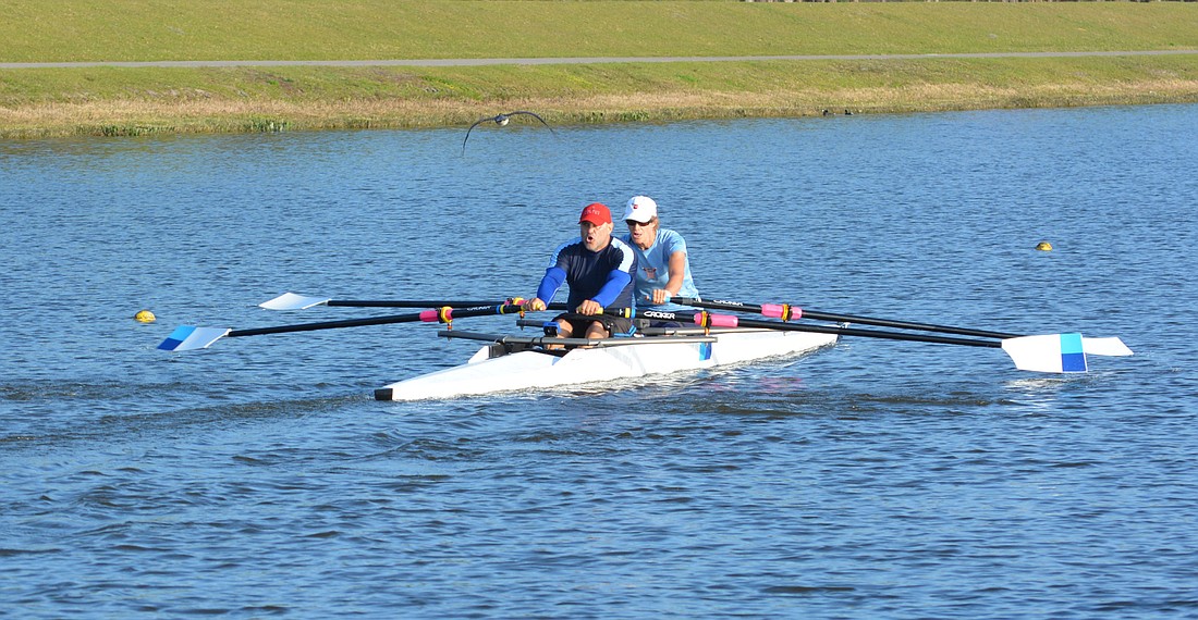 Helman Roman and Betsy Mitchell complete their second run March 4 at Nathan Benderson Park during the USRowing Para-Rowing Camp.