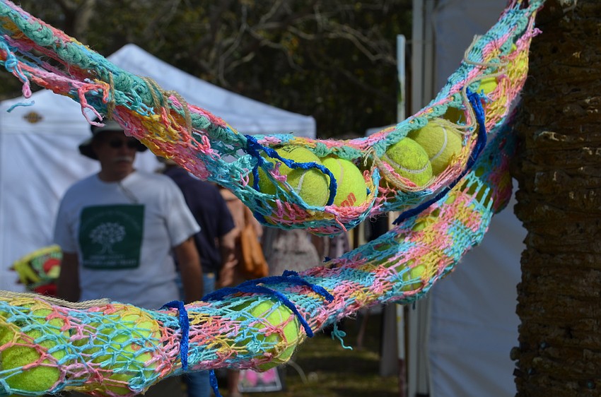 One yarn display featured tennis balls for any four-legged friends to enjoy.