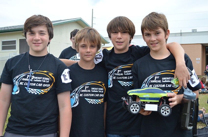 Nick Cavanaugh, Colin Desvain, Daniel Pellizzari and Koy Jacobson with their remote control car entry.