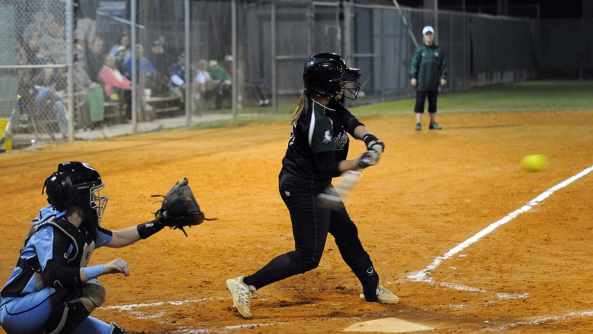 Lakewood Ranch senior catcher Maddie Biggs had one of the Mustangs five hits.