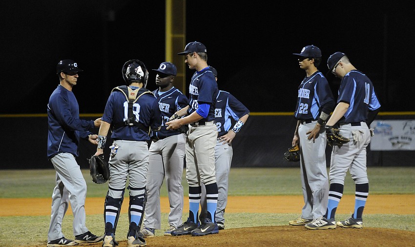 Pitcher Nicholas Saranczak hands the ball to coach Tim Orlosky after being pulled in the first inning.