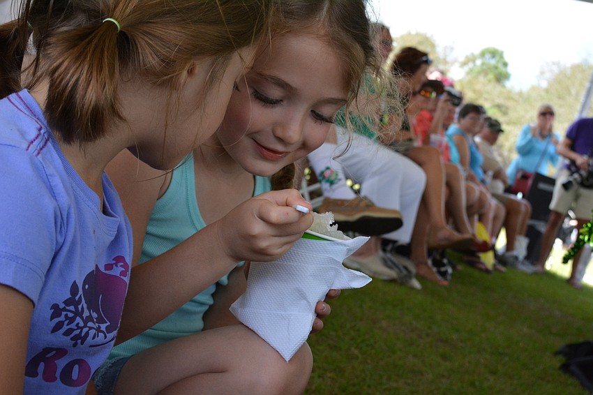 Greenbrook residents Abigail Cobb and Bella Mackey snack on snow cones as they watch Irish dancers perform from a spot in front of the stage.