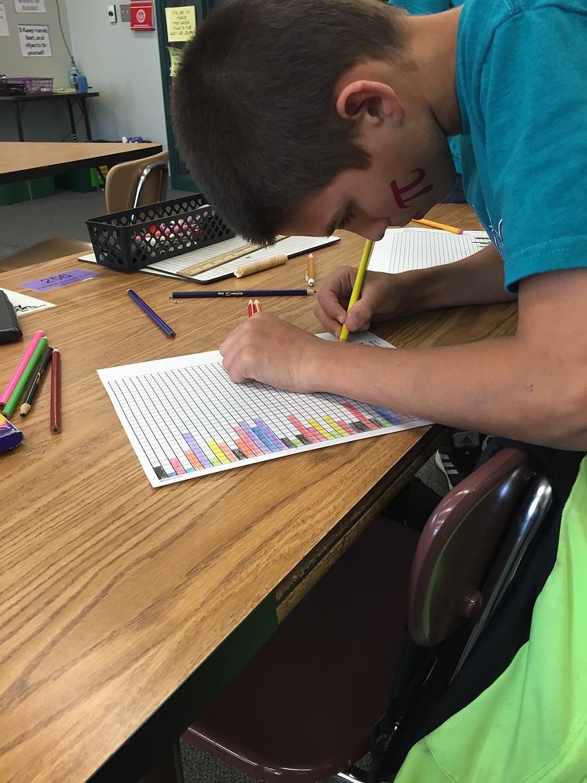 Braden River student Marcos Molina shades in a Pi graph.