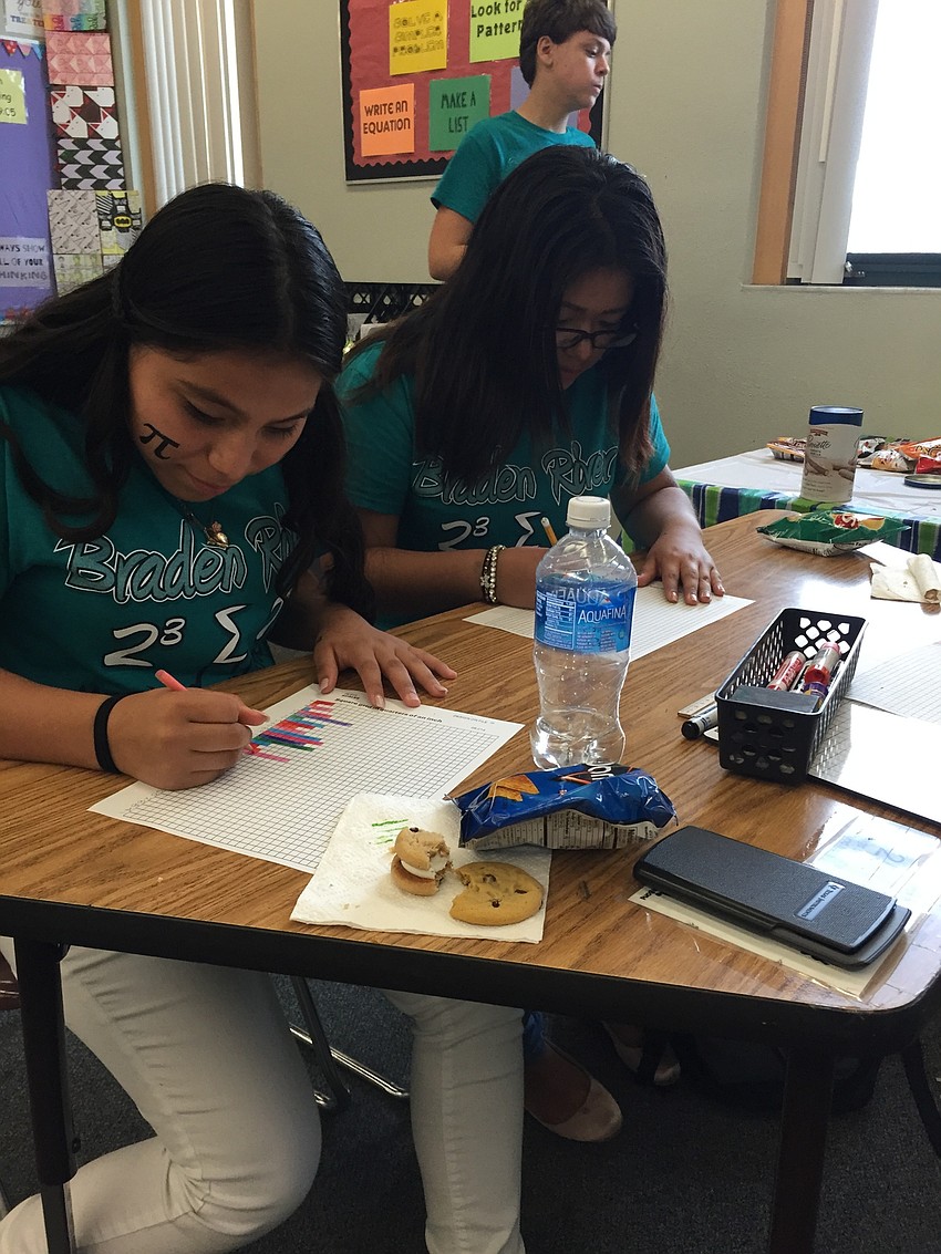 Ruby Gonzalez-Diaz and America Arrieta, Braden River students, show off their Pi Day garb while working on a math lesson.