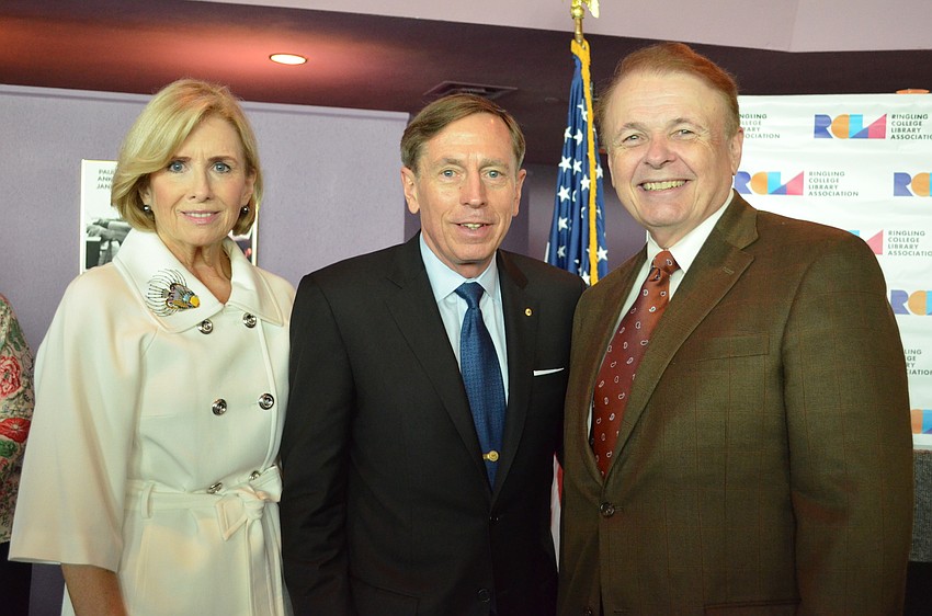 RCLA Town Hall Chairwoman Chris Cremer, Gen. David Petraeus and Larry Thompson, Ringling College of Art and Design president