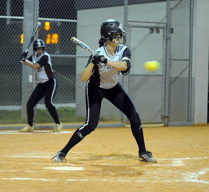 Braden River junior Sarah Crawford looks to make contact in the first inning.