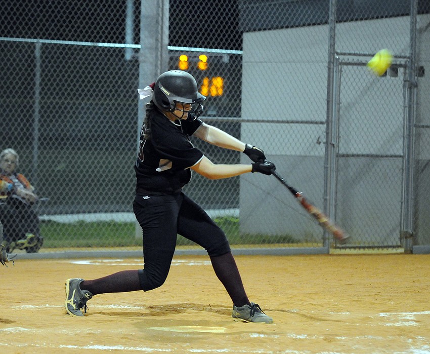 Riverview's Rachel West makes contact in the bottom of the first inning.