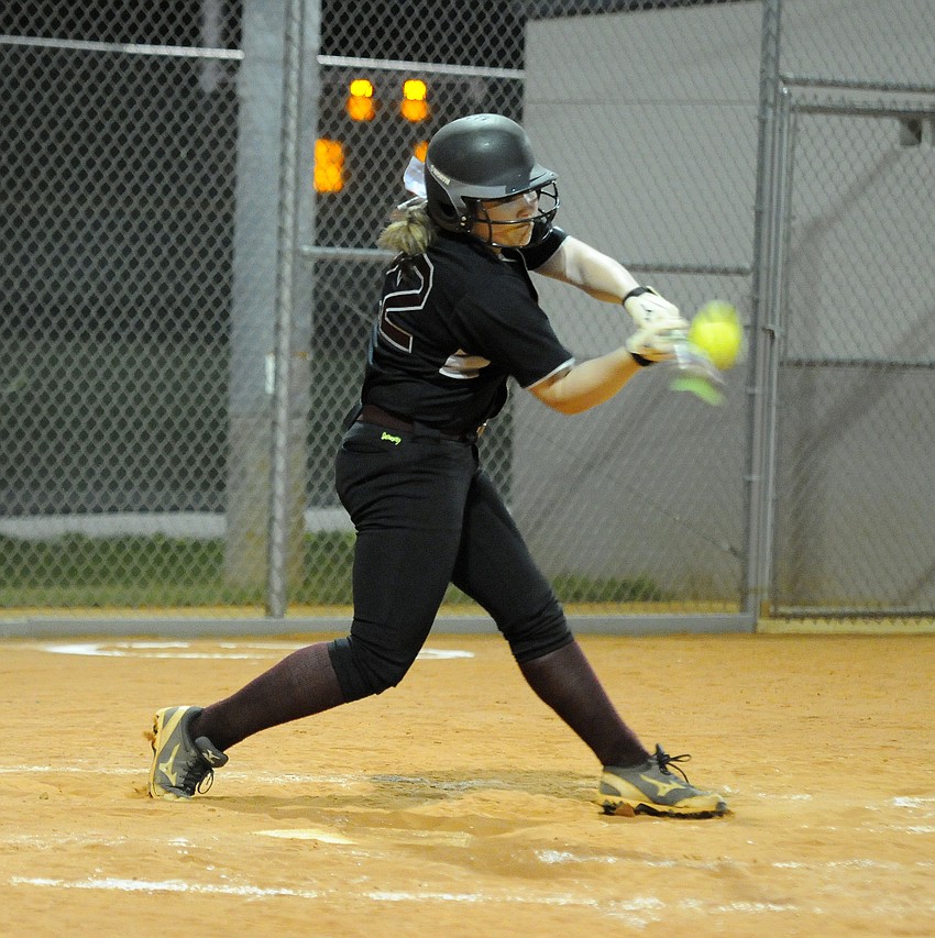 Riverview's Lauren Walker makes contact in her first at bat.
