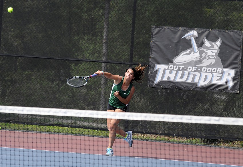 Lakewood Ranch freshman Grace Hagopian serves the ball during her No. 2 singles match.