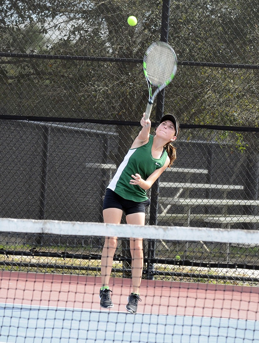 Lakewood Ranch's Morgan LaMarc serves the ball during the first set of her No. 3 singles match.