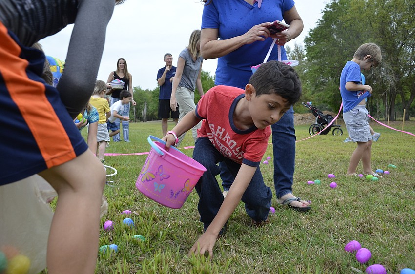 Edriel Oyola of Palmetto reaches for an egg.