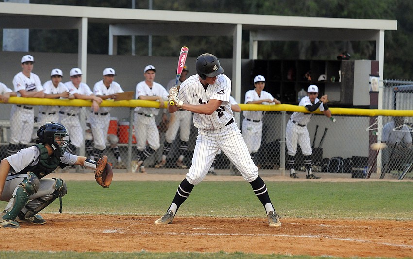 Braden River junior Ryan Duncan looks to make contact in the first inning.