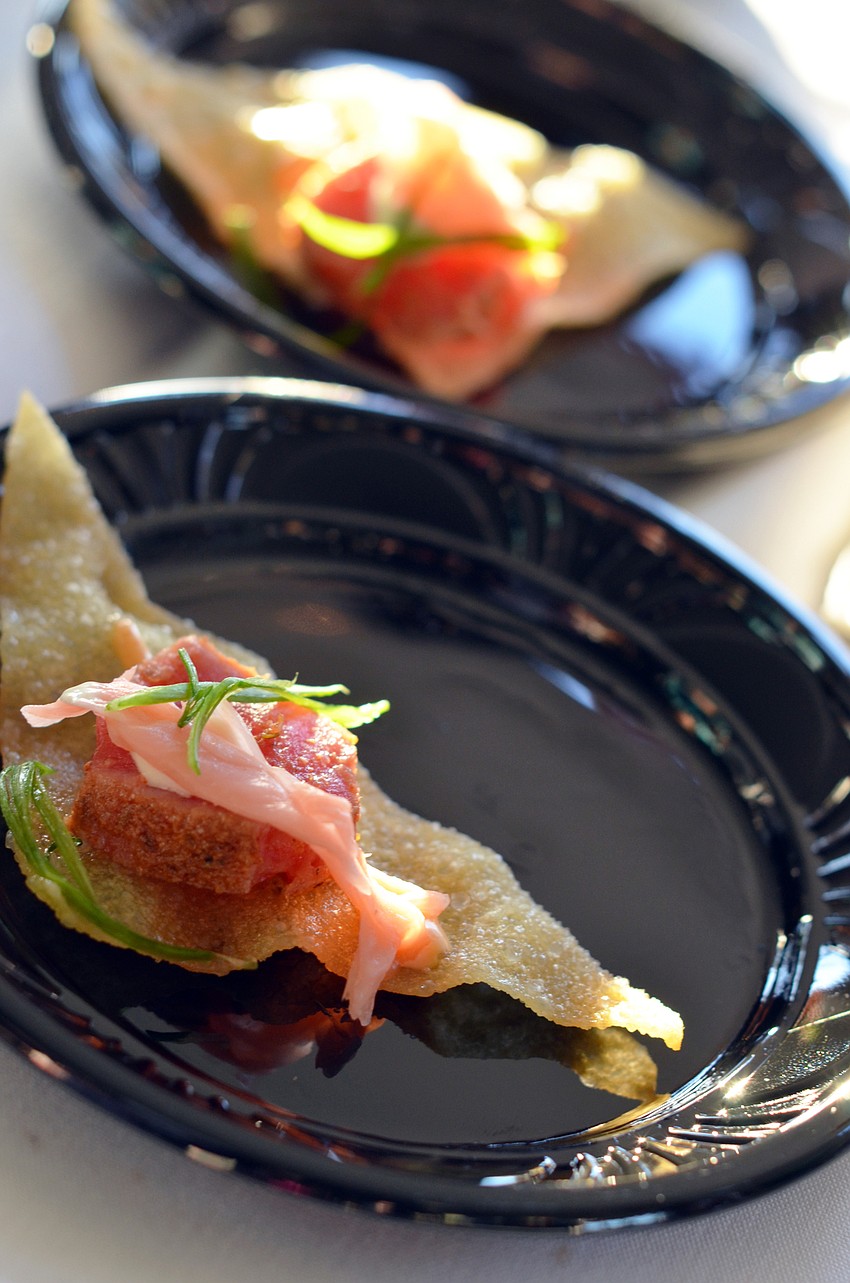 Ahi tuna nachos, seared sushi tuna with Kim Chee and wasabi on a crispy wonton — Chef Stephanie Klos, Chart House