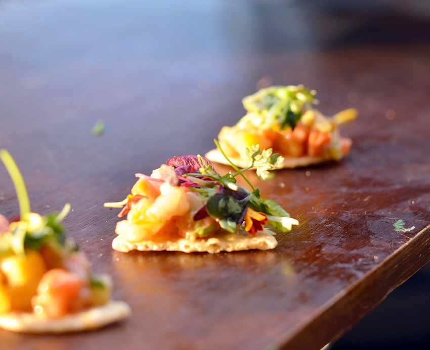 Heirloom carrot tartar, avocado agave, rice cracker — Chef Fran Casciato, Louies Modern