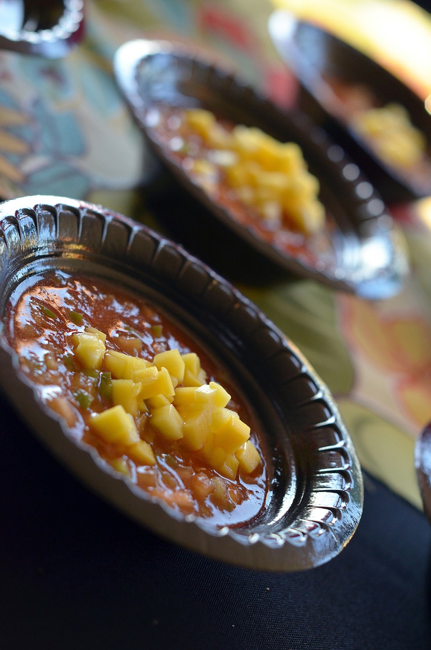 Chilled gazpacho garnished with fresh mango — Chef Kimberly Duffy, Toasted Mango
