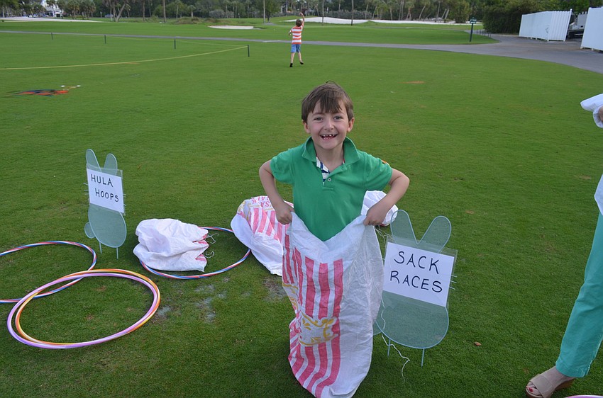 Graham Cooksey, 7, enjoys sack racing.