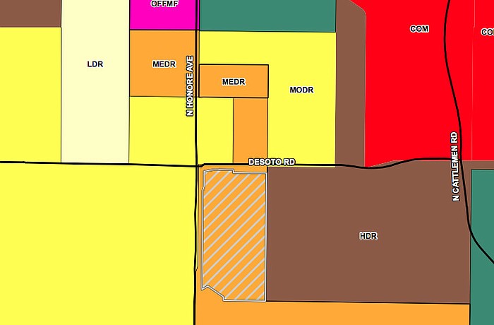 The thatched area represents the property.
