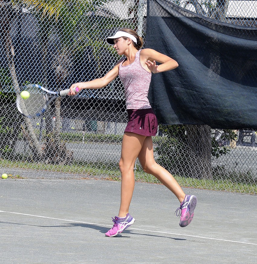 Riverview's Amanda Rosenberg hits the ball during her No. 1 doubles quarterfinal match March 30.