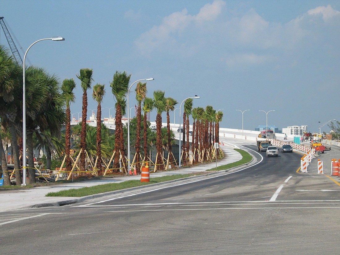 This rendering depicts the two-lane John Ringling Causeway with wider sidewalks and enhanced landscaping. The other side will include a bike and running track to promote healthier living.